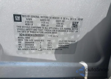 2018 Chevrolet Equinox Lt z USA, uszkodzony, nr VIN 3GNAXKEX0JS605591